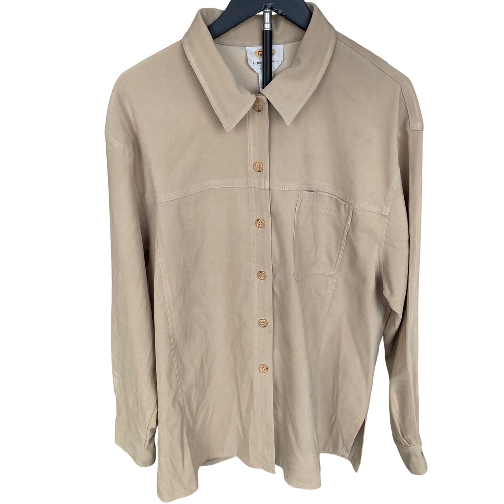 Talbots Womens Large Beige Stretch Long Sleeve Button Down Shirt Collared Pocket